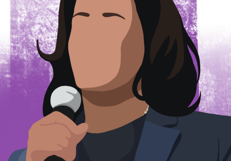 Person with microphone, abstract face, purple backdrop