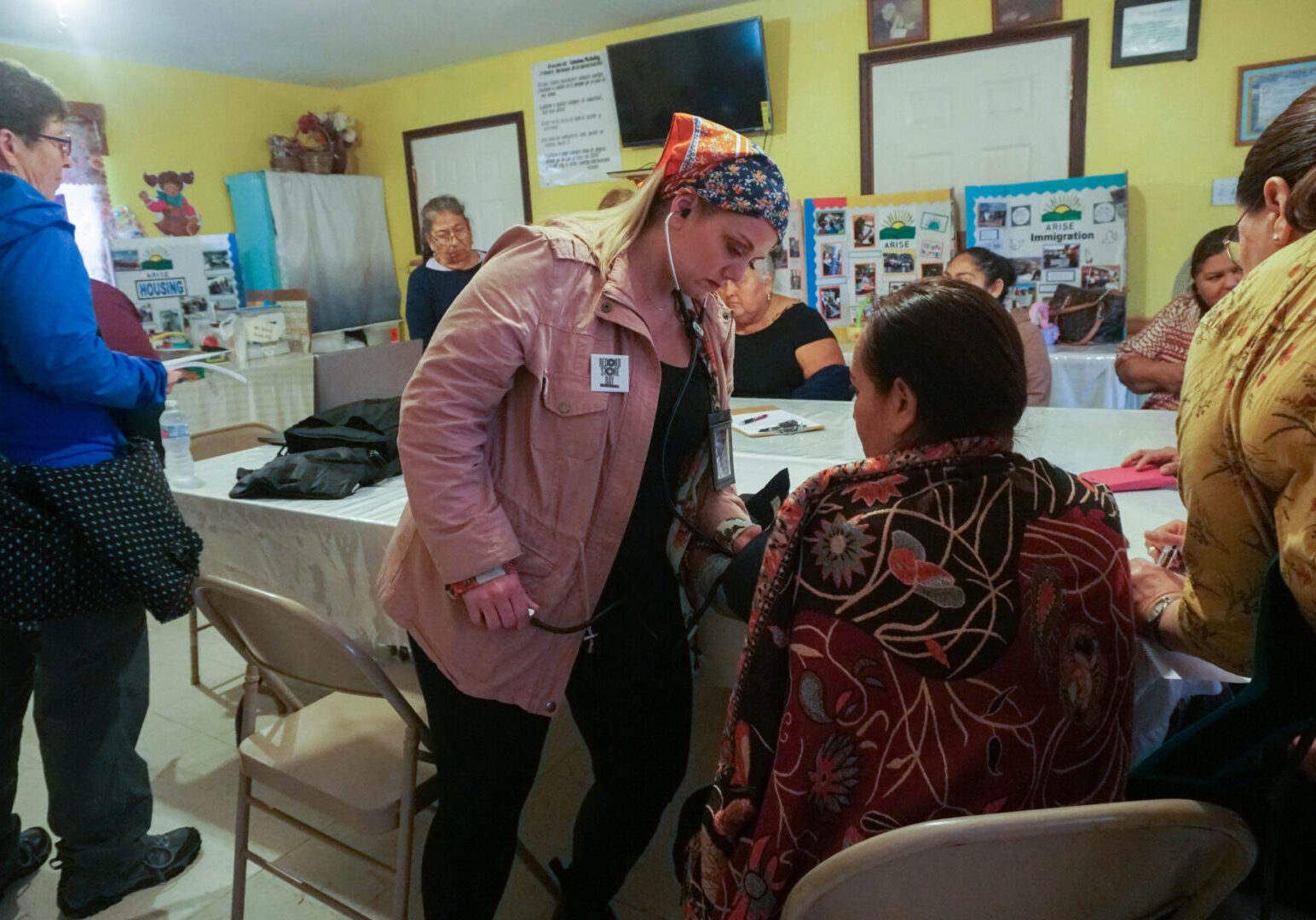 Community meeting in a colorful room