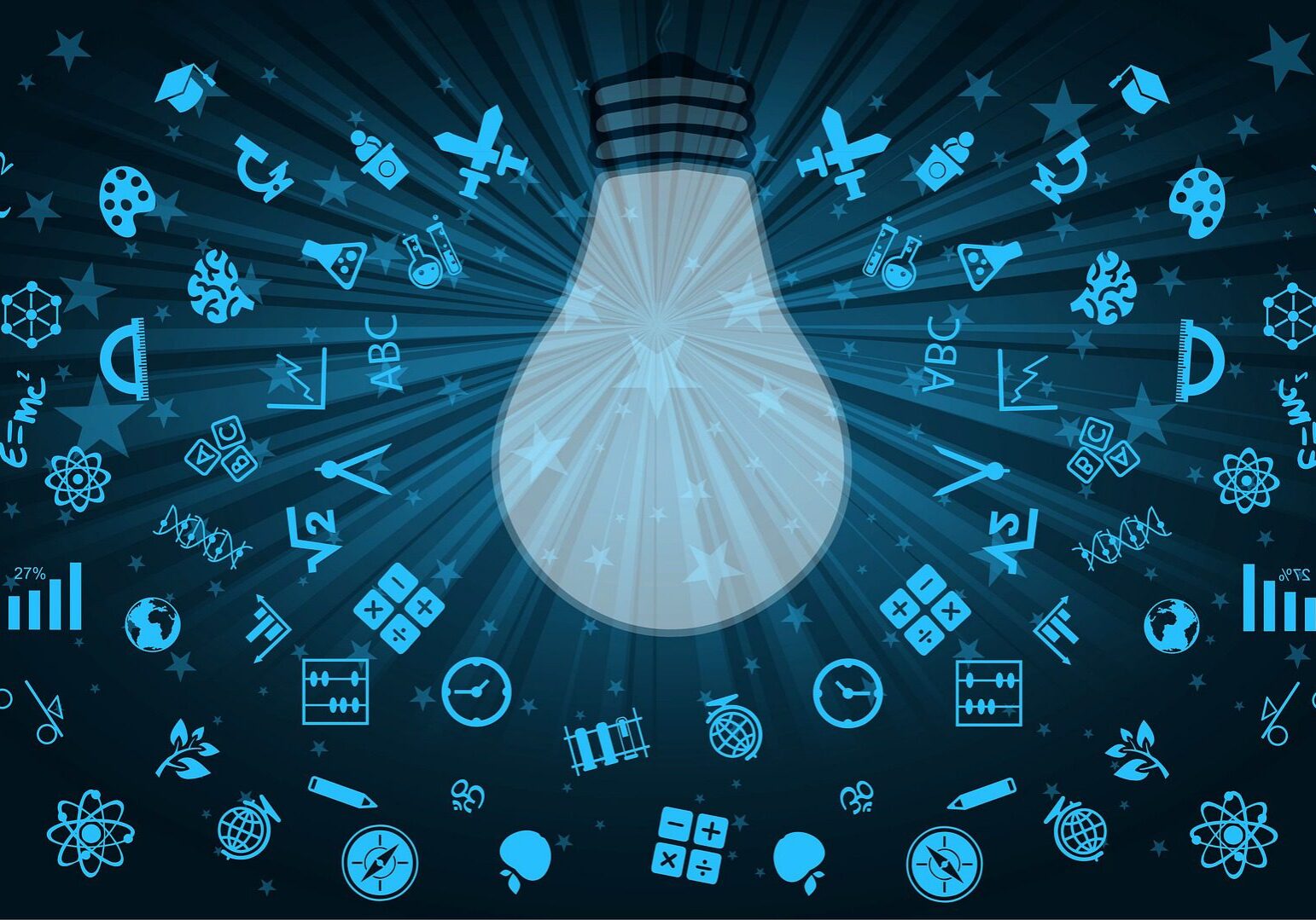 Knowledge symbols surrounding light bulb