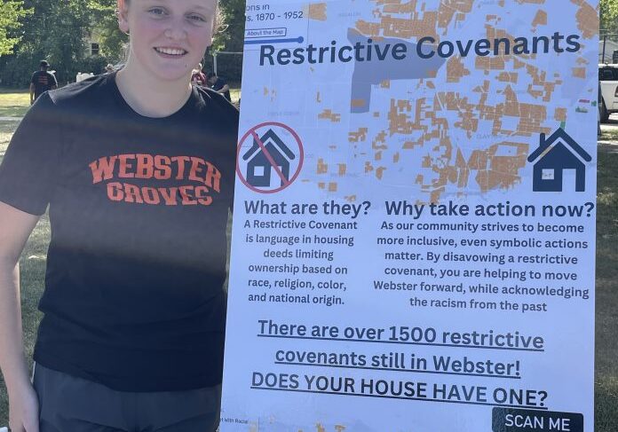 Person standing by restrictive covenants poster