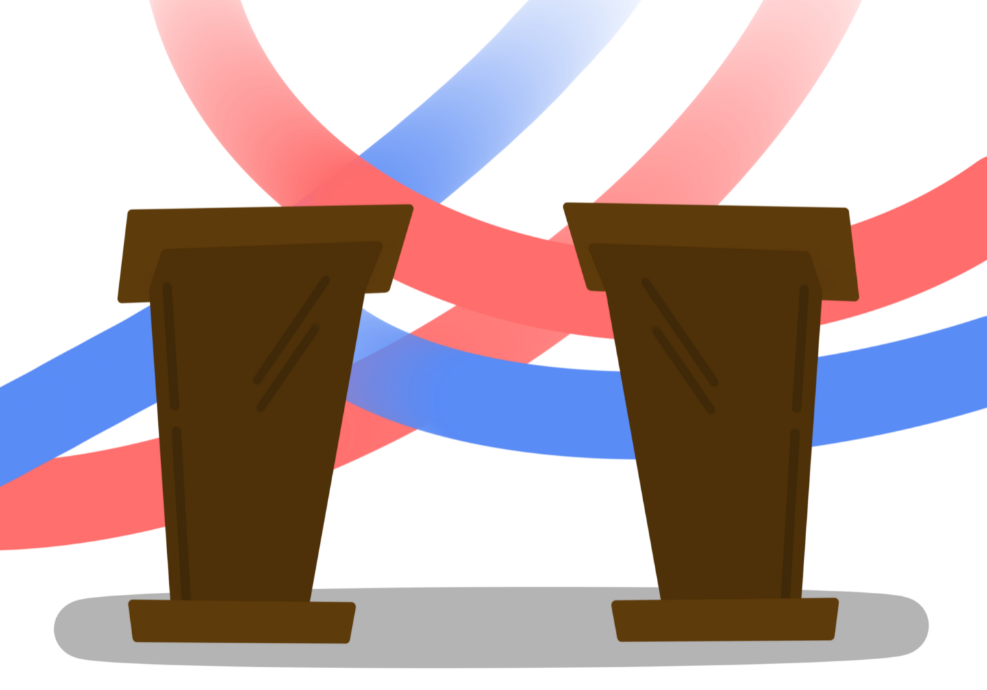 Debate podiums with red and blue ribbons.