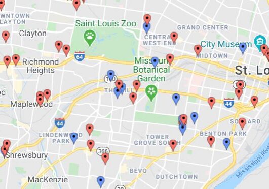 Map of St. Louis with location pins