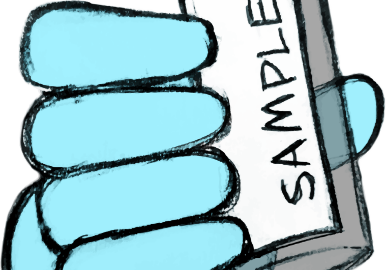 Sample bottle held by gloved hand