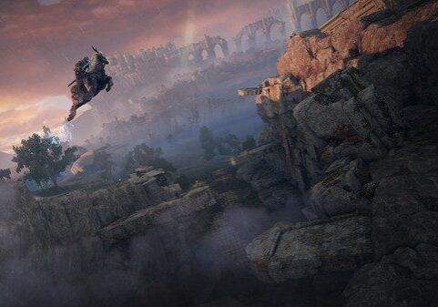 Fantasy warrior leaping across chasm