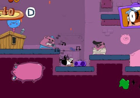Video game scene featuring cartoon pigs.