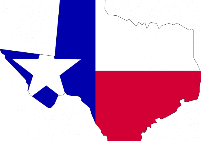 Lone Star State outline with flag colors