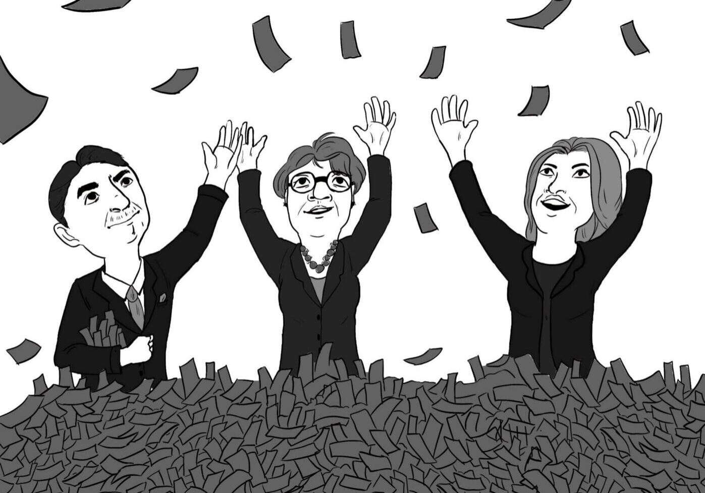 Three individuals surrounded by cash