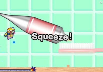 Character flying near toothbrush and toothpaste